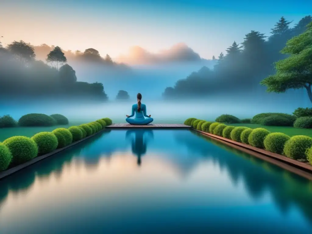 Jardín zen: calma y serenidad en la naturaleza Un jardín tranquilo con vegetación exuberante, un estanque sereno y una figura practicando yoga en la distancia, rodeado de paz interior
