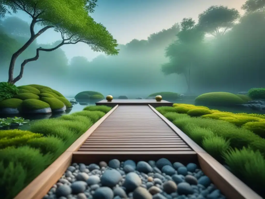 Jardín Zen tranquilo con grava rastrillada, puente de piedra y vegetación exuberante