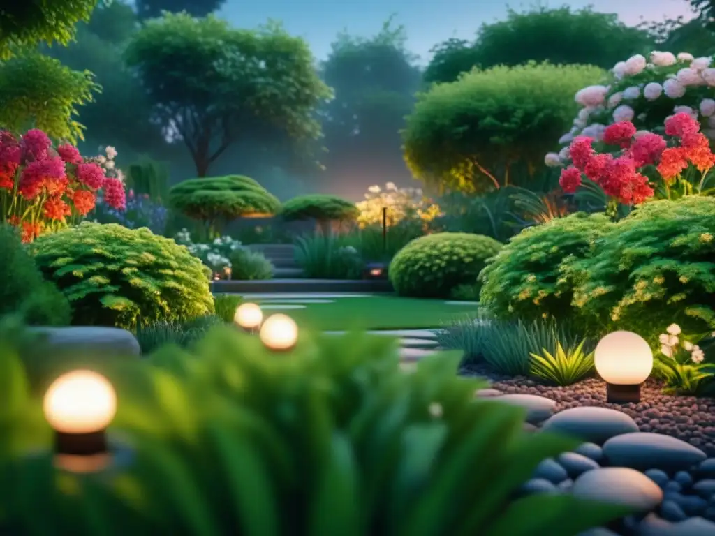 Jardín sereno al anochecer: luces inteligentes en armonía Jardín tranquilo iluminado con iluminación inteligente para jardín tranquilo