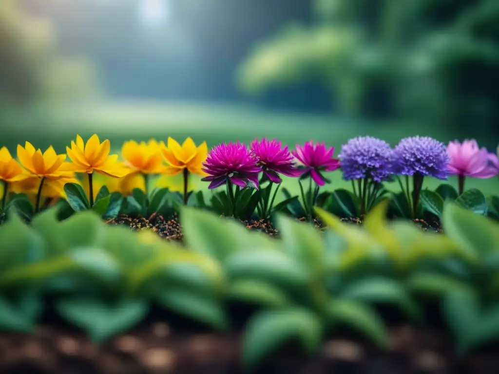 Jardín de Bach: Flores vibrantes en un oasis de serenidad Un jardín tranquilo lleno de flores de Bach coloridas, resaltando su belleza natural para relajación y bienestar