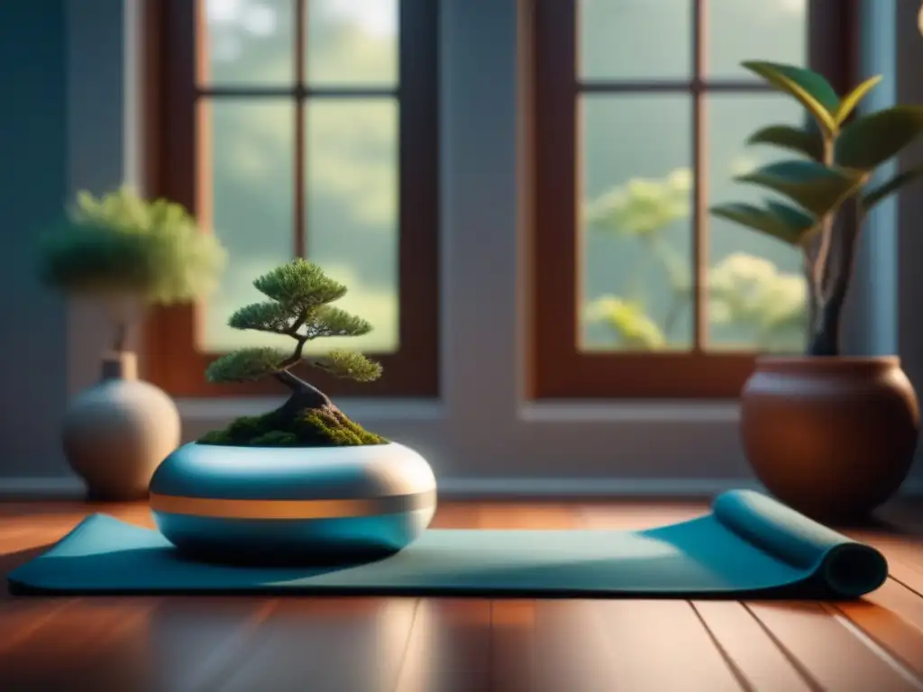 Espacio de meditación sereno con luz inteligente Un rincón tranquilo con luces inteligentes para meditación, yoga y relajación