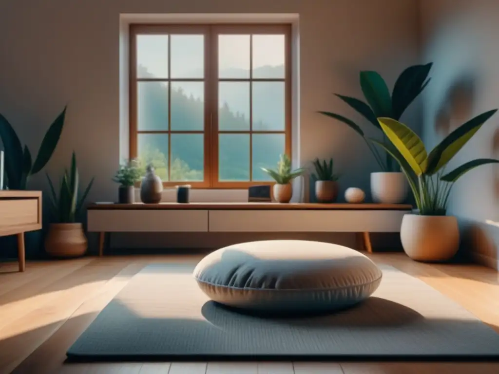 Espacio de trabajo zen con app de meditación Un rincón tranquilo con decoración minimalista y una almohada de meditación, ideal para usar aplicaciones meditación premium hogar