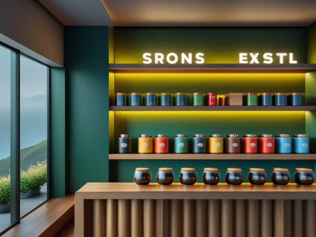 Tranquilidad y sofisticación: Interior minimalista de cafetería y té Un rincón tranquilo y minimalista de una tienda de café y té, con estantes de madera y una selección de cafés y tés