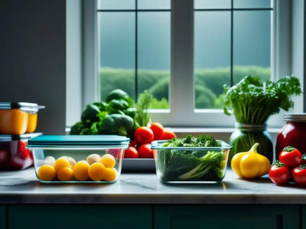 Un rincón tranquilo y ordenado para la preparación de alimentos con ingredientes frescos en envases de vidrio sobre una encimera de mármol