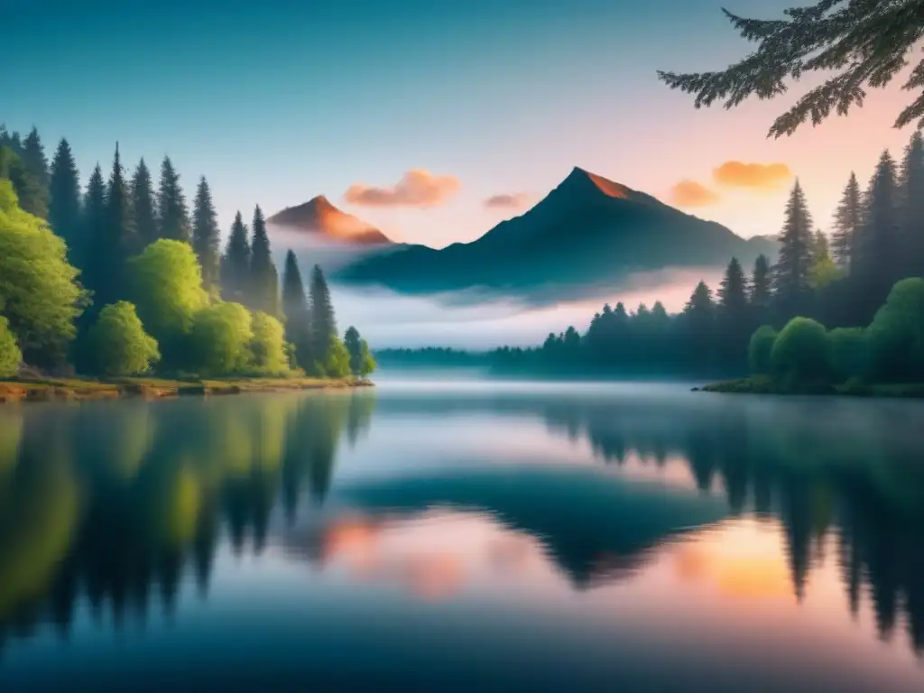 Paisaje sereno: lago reflejando atardecer pastel Tranquilo paisaje con lago reflejando paletas de colores para relajación al atardecer