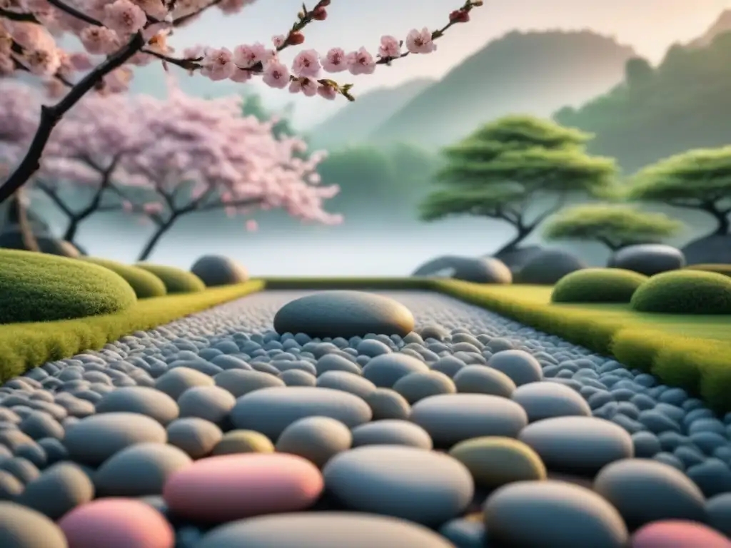 Jardín zen sereno con piedras pastel y flores de cerezo Jardín zen tranquilo con piedras pastel, árboles de cerezo en flor y verde exuberante