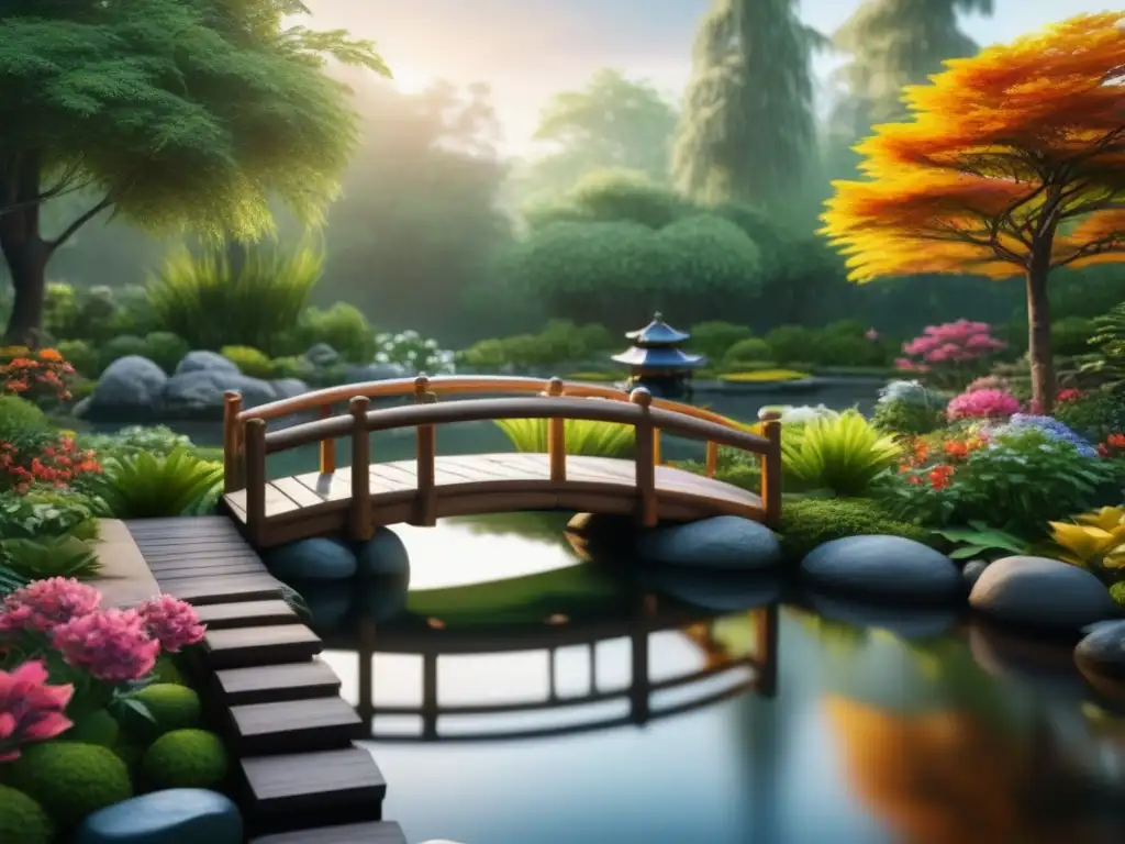 Jardín Zen: Puente de madera sobre estanque sereno Un jardín Zen tranquilo con puente de madera sobre estanque cristalino rodeado de exóticas flores y vegetación