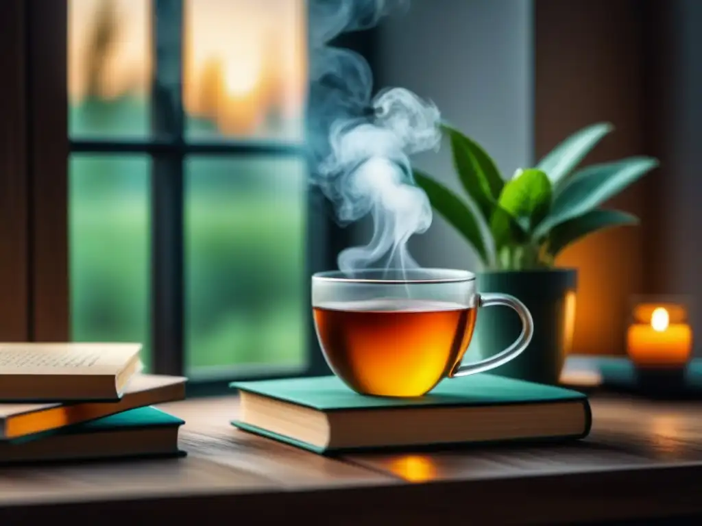 Un rincón tranquilo con una taza de té herbal humeante, libros y una planta, ideal para relajarse con tés y bebidas calmantes