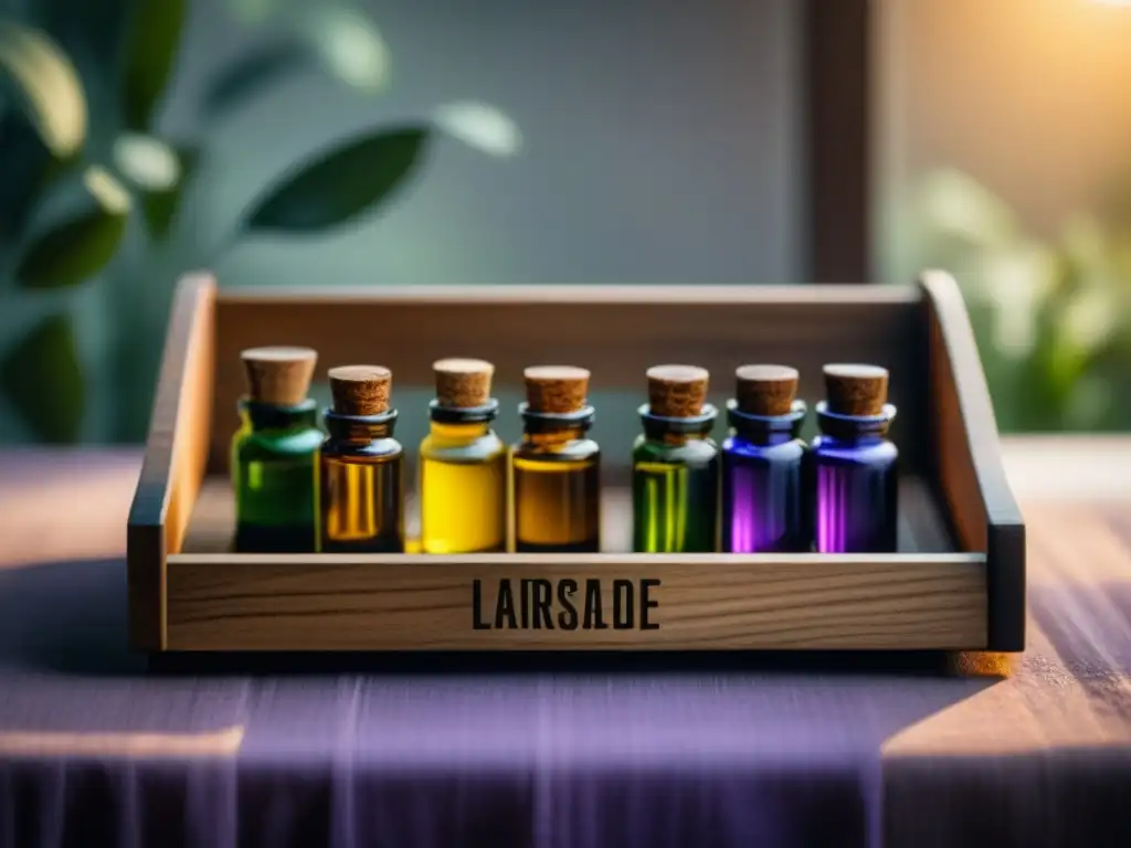 Tray de madera con aceites esenciales relajantes Tray de madera con aceites esenciales para estrés en casa: lavanda, manzanilla y eucalipto en botellas, iluminado suavemente