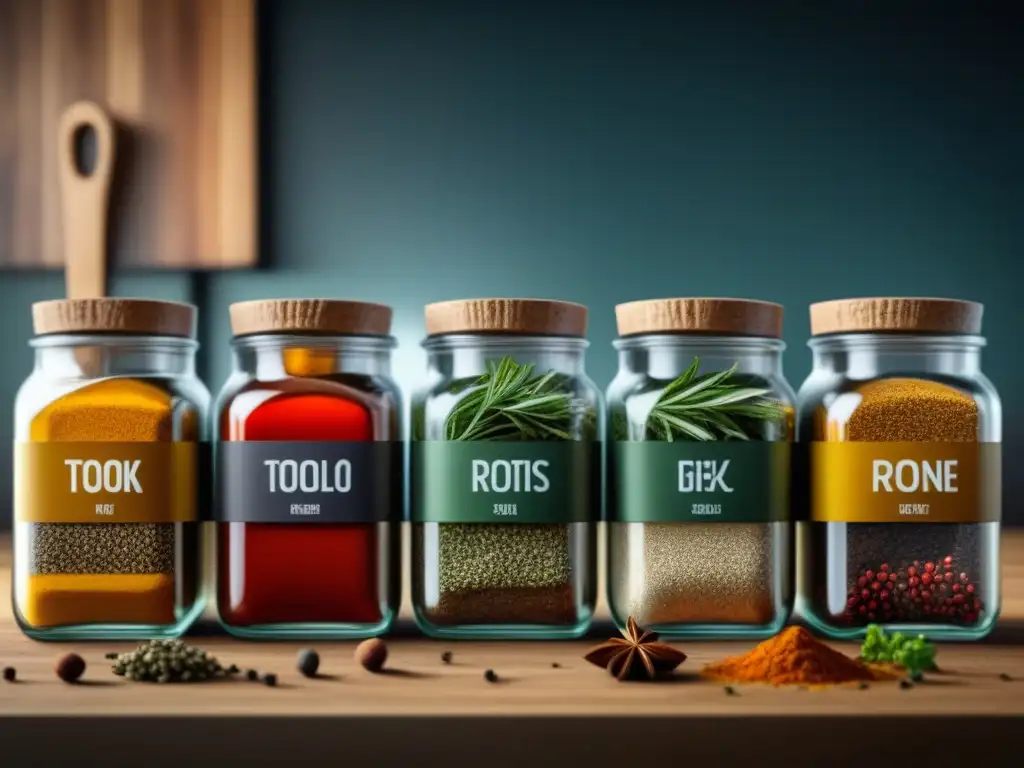 Exquisitas especias y hierbas: colores y aromas en tu cocina Una variedad de especias y hierbas vibrantes y aromáticas en frascos de vidrio en una cocina moderna