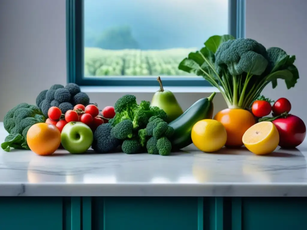 Variedad de frutas y verduras frescas en mármol blanco Una variedad de frutas y verduras frescas en un elegante mostrador de mármol blanco, iluminadas por luz natural