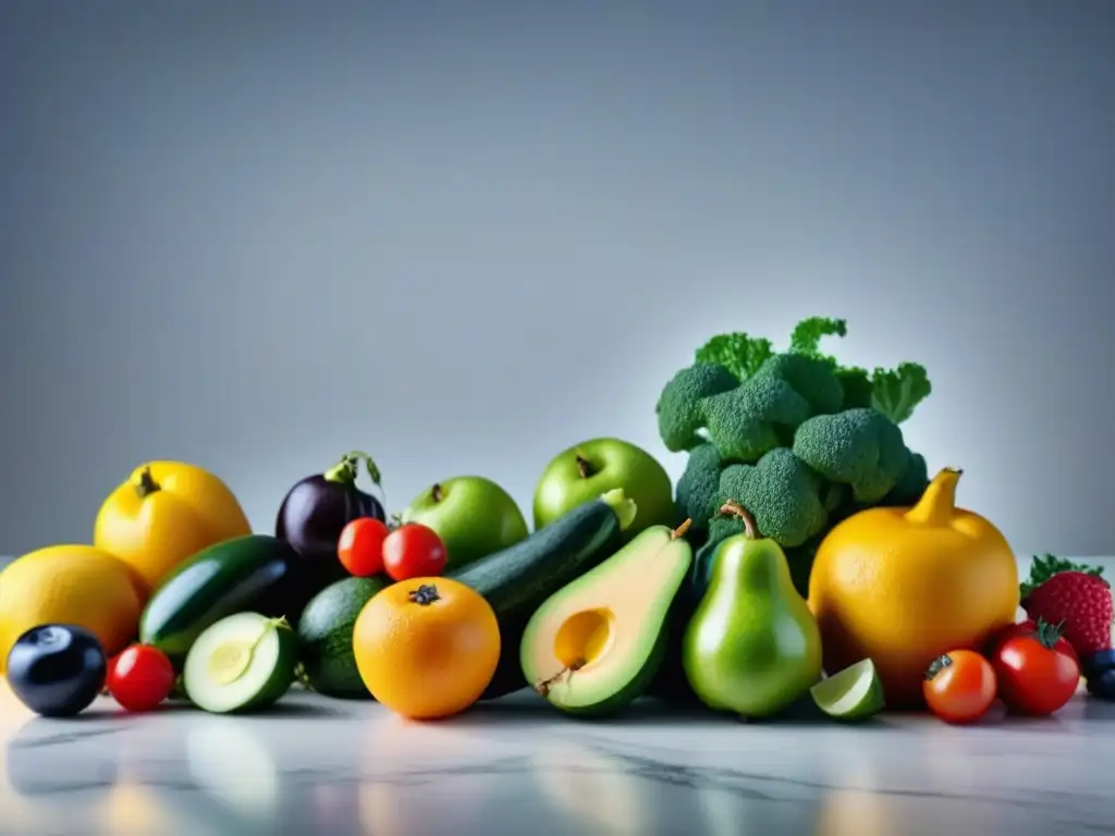 Variedad de frutas y verduras frescas en mármol blanco Variedad de frutas y verduras frescas en un mostrador de mármol blanco