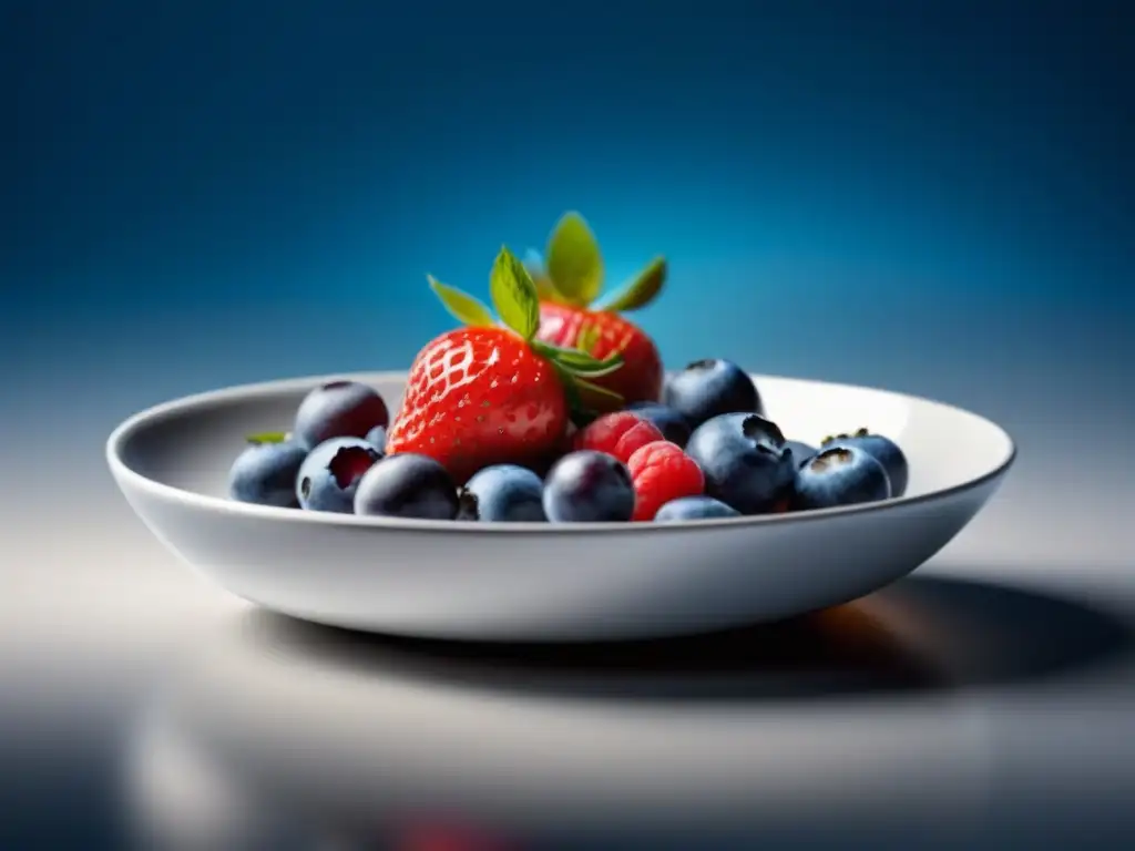Deliciosas bayas antioxidantes en plato blanco Variedad vibrante de bayas frescas en un plato blanco, destacando beneficios alimentos antioxidantes estado mental