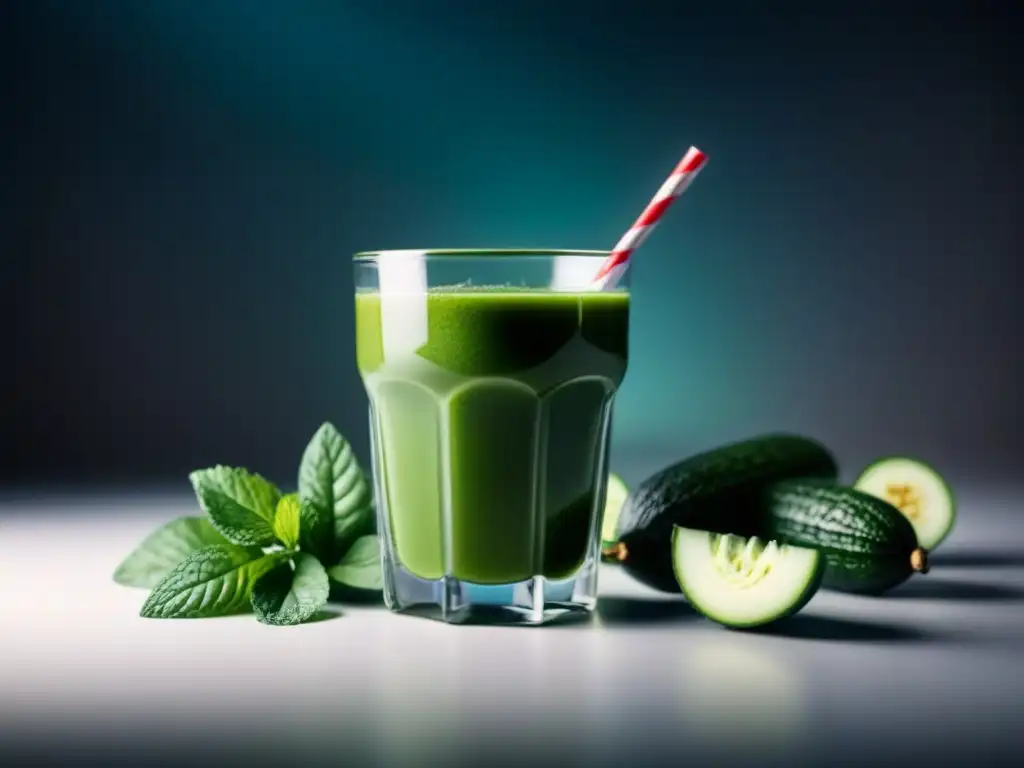 Batido verde refrescante y relajante con pepino y menta Un vaso alto con batido verde, pepino y menta, sobre fondo blanco