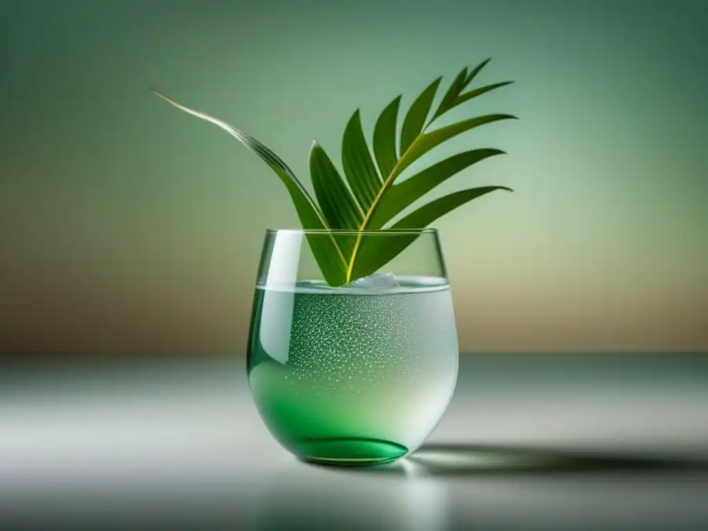 Refrescante agua de coco en vaso transparente Un vaso de cristal con agua de coco, decorado con una hoja verde, en un ambiente sereno y relajante en casa