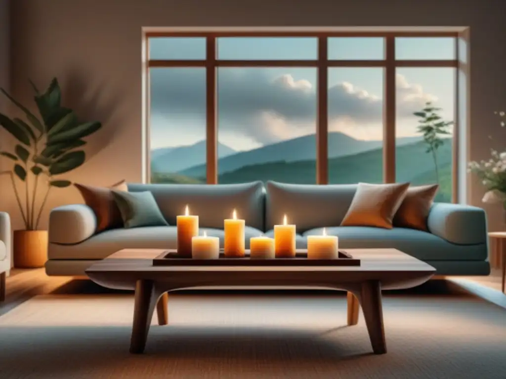 Tranquilidad y armonía en sala minimalista con velas aromáticas Velas aromáticas para relajación en casa: Sala de estar serena con una mesa de café de madera y velas en tonos pastel