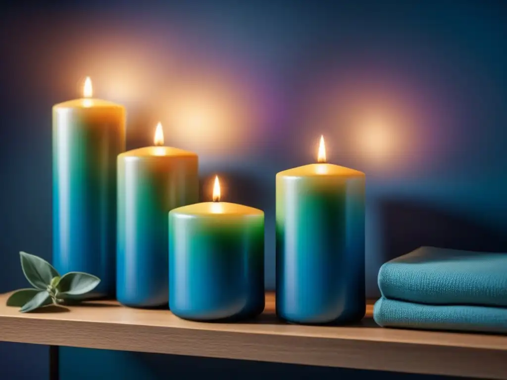 Armonía cromática: velas de cromoterapia en ambiente sereno Velas cromoterapia hogar bienestar: ambiente tranquilo con velas de colores en estante moderno, creando armonía y paz