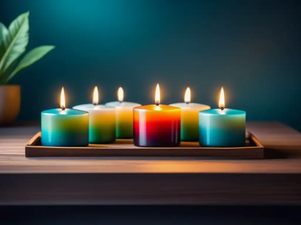 Tray de velas terapéuticas en tonos calmantes Velas de cromoterapia en hogar para bienestar, colores y luz crean atmósfera serena