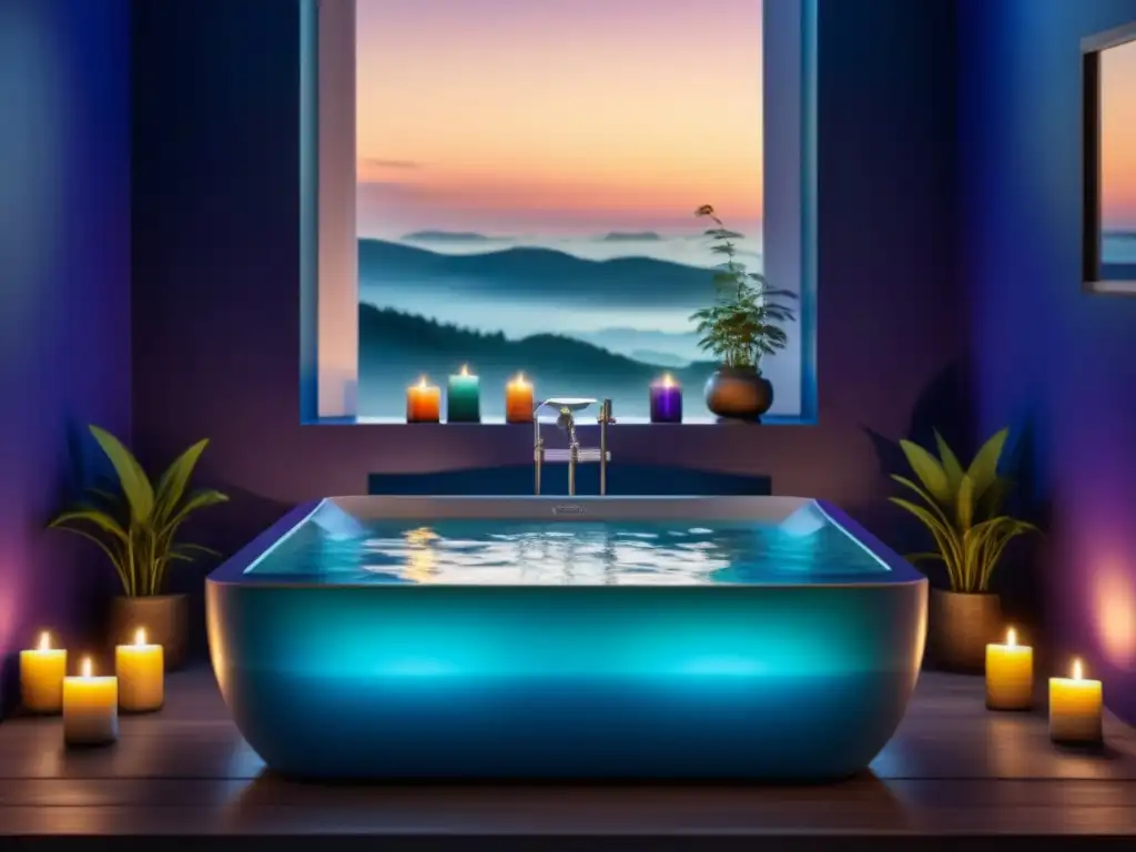 Spa de lujo: baño moderno con velas coloridas Velas cromoterapia en baño relajante con bañera moderna rodeada de luz suave en azul, verde y púrpura