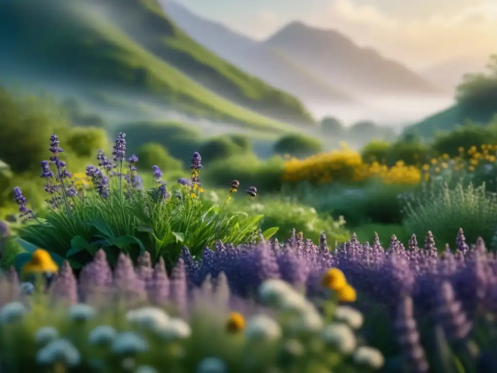Jardín medicinal: serenidad y armonía natural Un jardín verde y sereno con plantas medicinales como lavanda y manzanilla, creando una atmósfera de tranquilidad y sanación