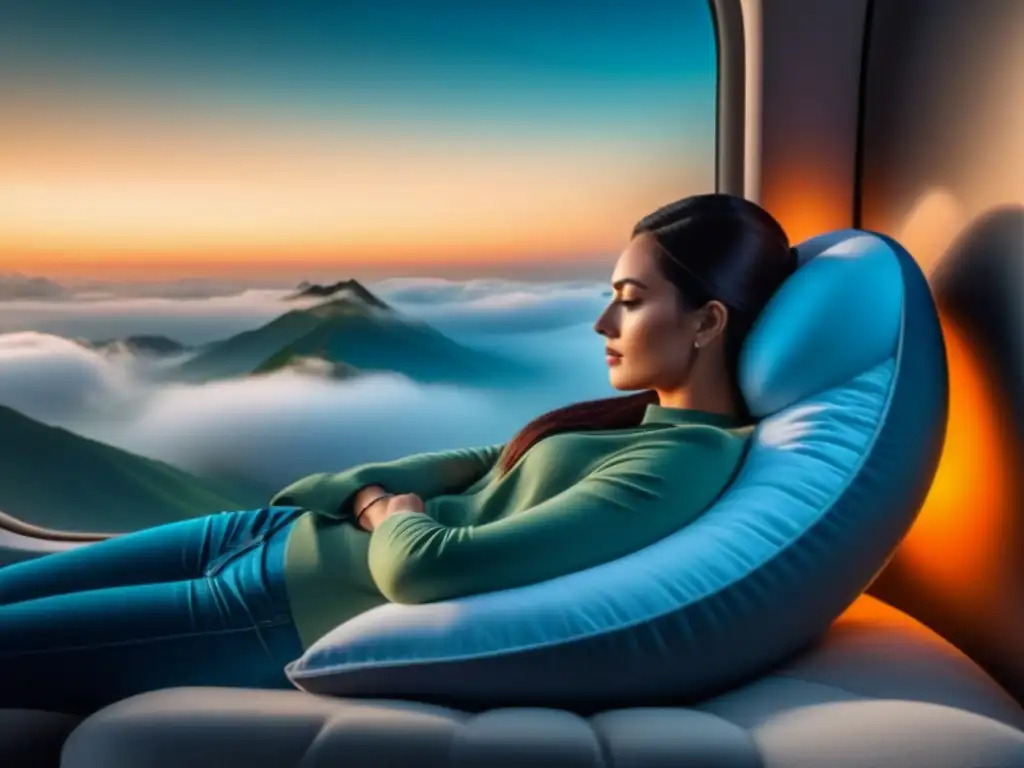 Viajero sereno en almohada de lujo: imagen minimalista Un viajero sereno descansando en una almohada de viaje de lujo, en una atmósfera tranquila y relajante