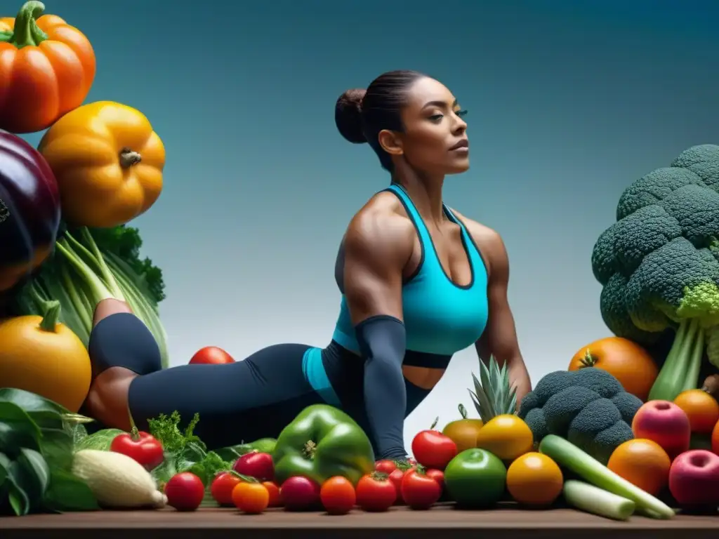 Escenas saludables: diversidad en actividad física y nutrición Un vibrante escenario de diversidad y actividad física rodeado de frutas y verduras, inspirando consejos para adaptar ciclos nutricionales