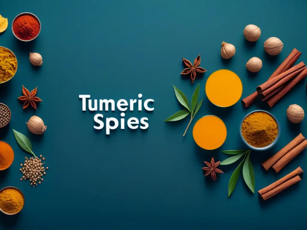 Esencias Ayurvédicas: Arte en Especias Coloridas Una ilustración vibrante de especias ayurvédicas coloridas como cúrcuma, canela, cardamomo y jengibre, resaltando sus beneficios para la salud