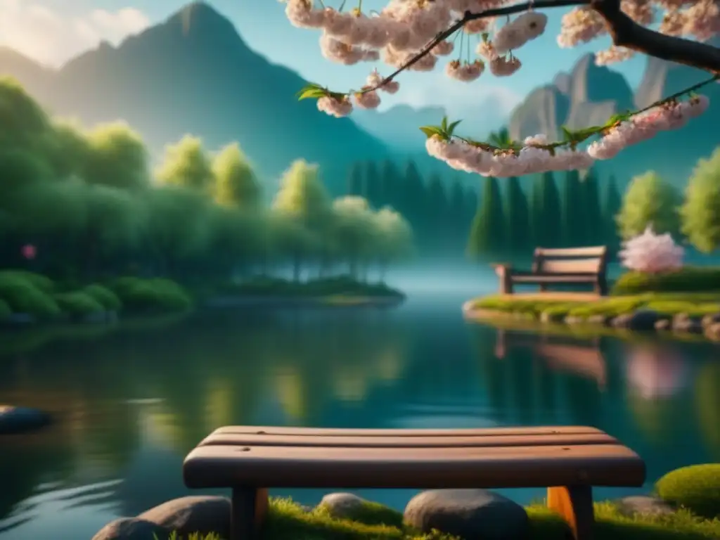 Jardín de meditación virtual en 8k para relajar adultos mayores Un jardín de meditación virtual sereno y minimalista con una laguna tranquila, vegetación exuberante y un banco de madera bajo un cerezo en flor