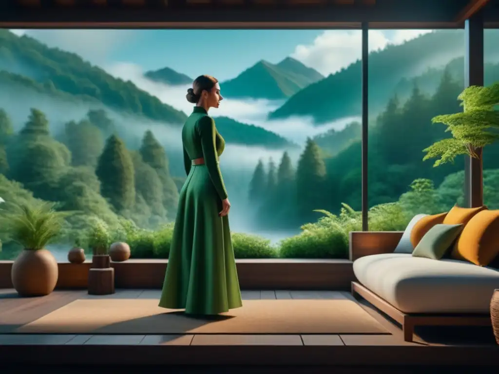 Salón minimalista con vista a bosque: armonía natural Diseño vivificante con elementos naturales: Sala minimalista con ventana grande y cortinas blancas ondeando, vista al bosque verde