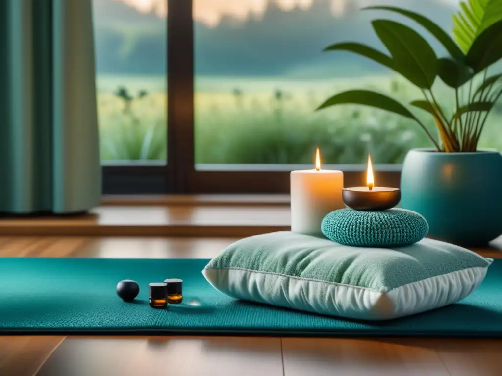 Kit de meditación: armonía y serenidad Un rincón de meditación y yoga con elementos serenos y armoniosos en una habitación luminosa y tranquila