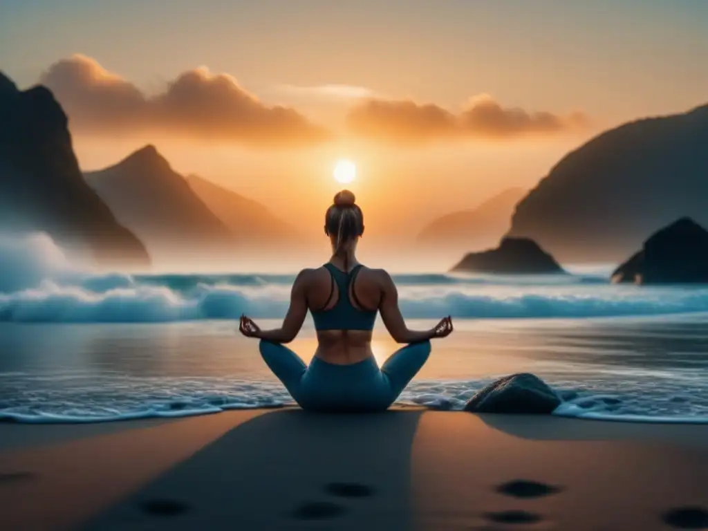 Yoga al amanecer: equilibrio entre cuerpo y mente Práctica de yoga al amanecer en la playa transmitiendo autocuidado para bienestar físico y mental