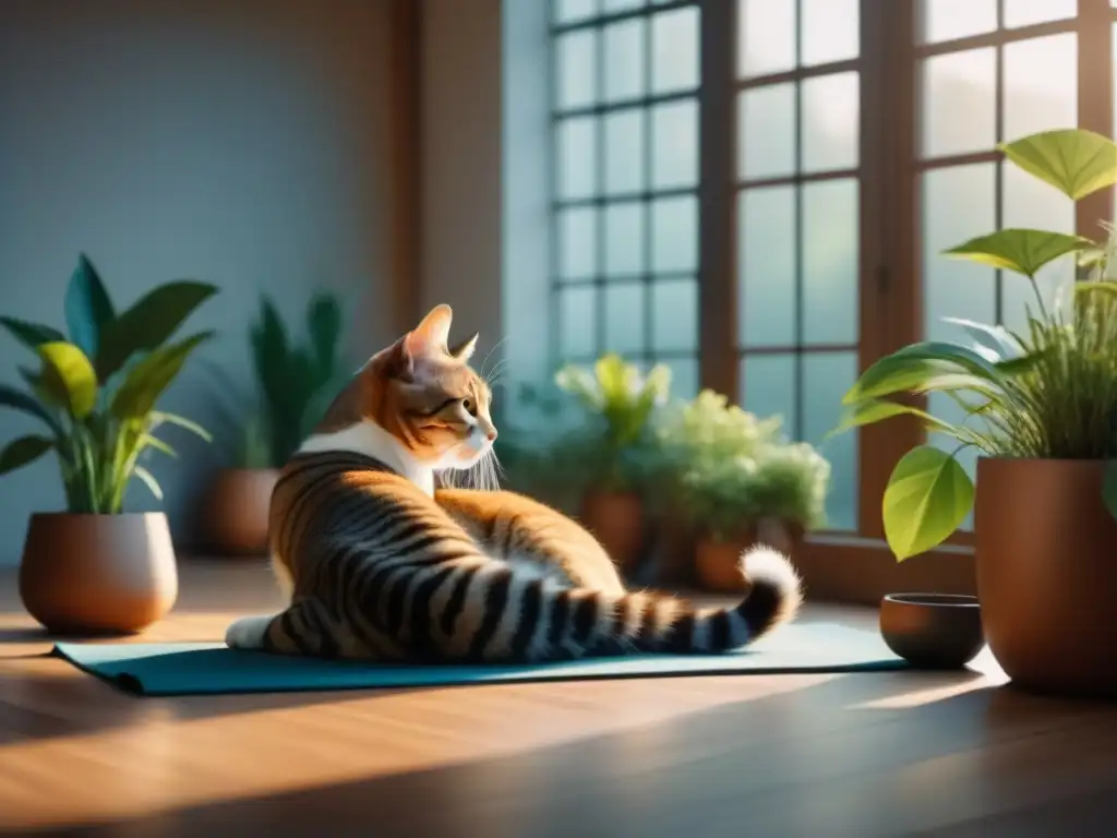 Yoga en casa: serenidad con terapia felina Práctica de yoga tranquila con un gato en casa, reflejando la terapia con animales en casa