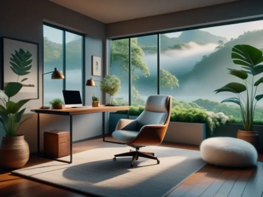 Oficina en casa serena y moderna con plantas verdes y luz natural Zona de descanso en casa con escritorio moderno, plantas verdes, rincón de lectura acogedor y alfombra esponjosa, todo iluminado por luz natural